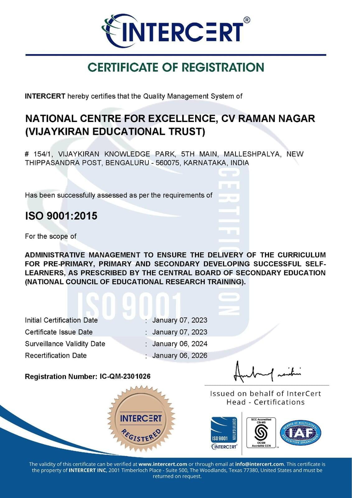NATIONAL CENTRE FOR EXCELLENCE   CV RAMAN NAGAR iso certificate ncfe school
