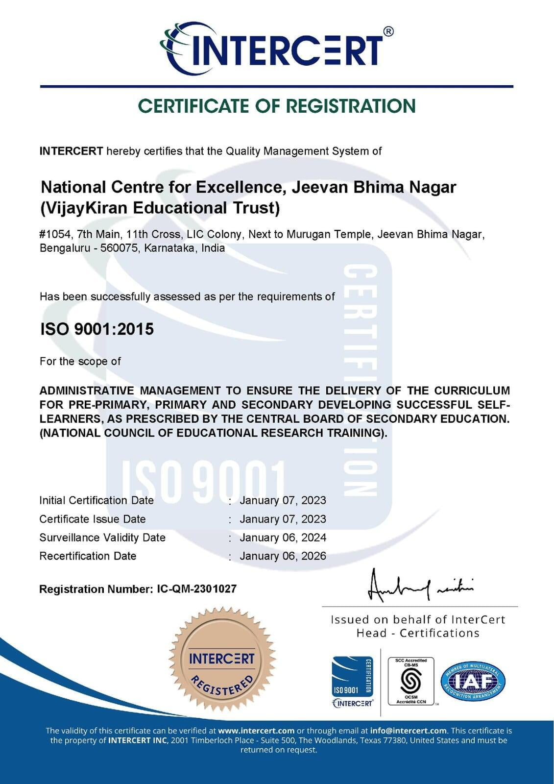 NATIONAL CENTRE FOR EXCELLENCE   JEEVAN BHIMA NAGAR iso certificate ncfe school