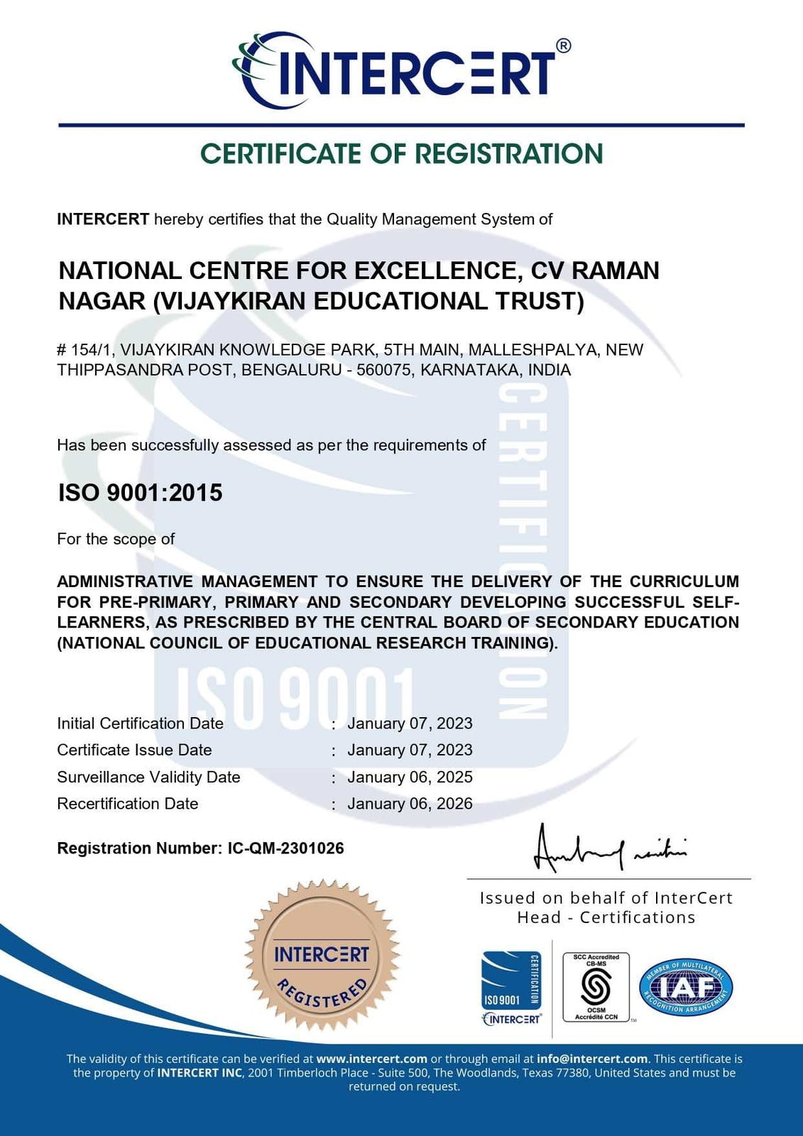NATIONAL CENTRE FOR EXCELLENCE   CV RAMAN NAGAR iso certificate ncfe school